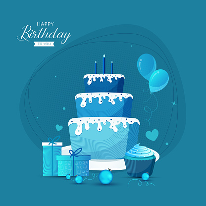 Playful birthday cake decorated with candles, balloons and gift boxes, confetti flying around stock illustration