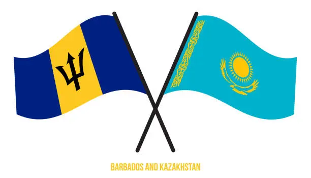 Vector illustration of Barbados and Kazakhstan Flags Crossed And Waving Flat Style. Official Proportion. Correct Colors.