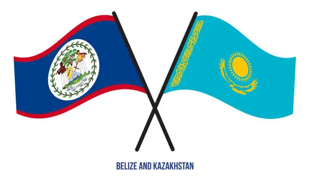 Vector illustration of Belize and Kazakhstan Flags Crossed And Waving Flat Style. Official Proportion. Correct Colors.