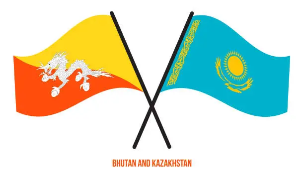 Vector illustration of Bhutan and Kazakhstan Flags Crossed And Waving Flat Style. Official Proportion. Correct Colors.