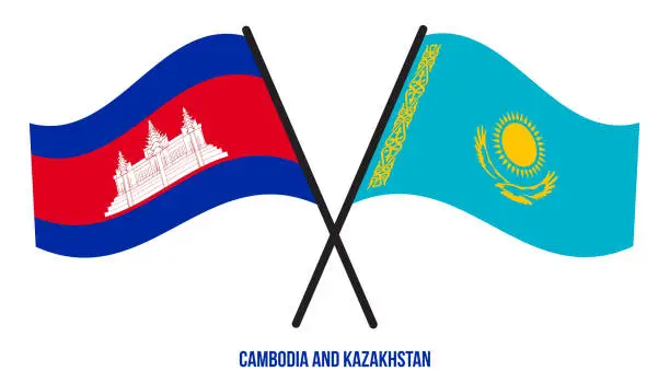 Vector illustration of Cambodia and Kazakhstan Flags Crossed And Waving Flat Style. Official Proportion. Correct Colors.