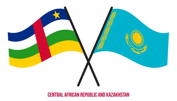 Vector illustration of Central African Republic and Kazakhstan Flags Crossed And Waving Flat Style. Official Proportion.