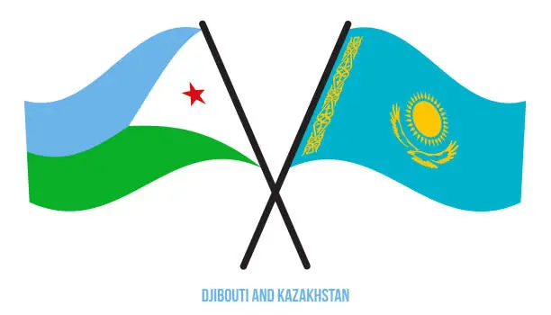 Vector illustration of Djibouti and Kazakhstan Flags Crossed And Waving Flat Style. Official Proportion. Correct Colors.