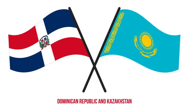 Vector illustration of Dominican Republic and Kazakhstan Flags Crossed And Waving Flat Style. Official Proportion.