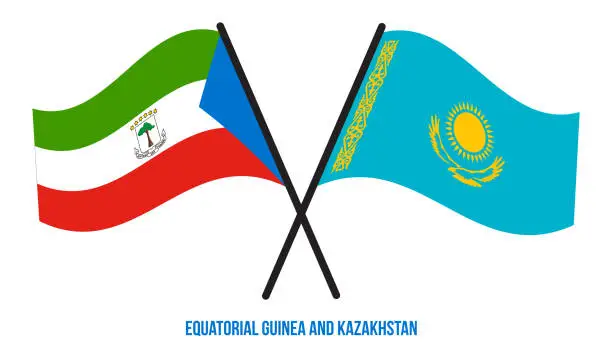 Vector illustration of Equatorial Guinea and Kazakhstan Flags Crossed And Waving Flat Style. Official Proportion.