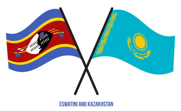 Vector illustration of Eswatini and Kazakhstan Flags Crossed And Waving Flat Style. Official Proportion. Correct Colors.