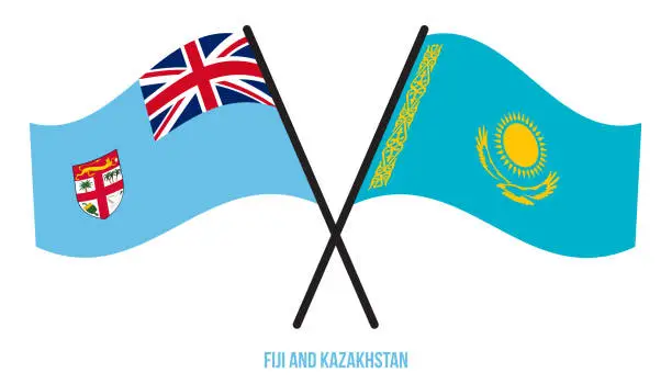 Vector illustration of Fiji and Kazakhstan Flags Crossed And Waving Flat Style. Official Proportion. Correct Colors.