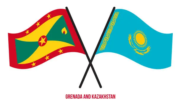 Vector illustration of Grenada and Kazakhstan Flags Crossed And Waving Flat Style. Official Proportion. Correct Colors.