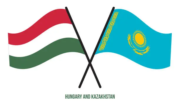 Vector illustration of Hungary and Kazakhstan Flags Crossed And Waving Flat Style. Official Proportion. Correct Colors.