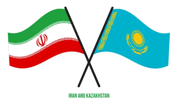 Vector illustration of Iran and Kazakhstan Flags Crossed And Waving Flat Style. Official Proportion. Correct Colors.