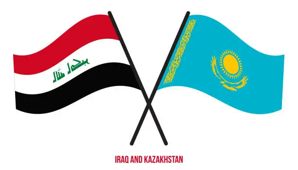 Vector illustration of Iraq and Kazakhstan Flags Crossed And Waving Flat Style. Official Proportion. Correct Colors.