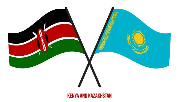 Vector illustration of Kenya and Kazakhstan Flags Crossed And Waving Flat Style. Official Proportion. Correct Colors.