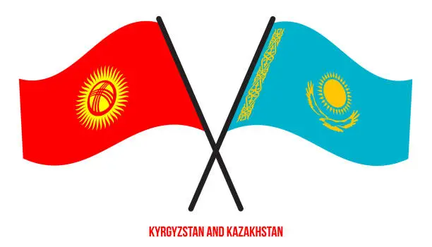 Vector illustration of Kyrgyzstan and Kazakhstan Flags Crossed And Waving Flat Style. Official Proportion. Correct Colors.