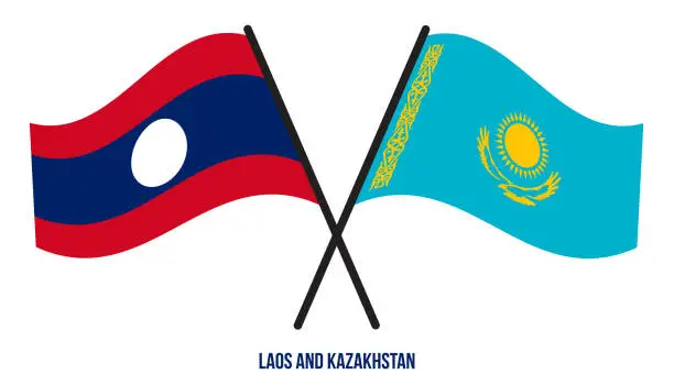 Vector illustration of Laos and Kazakhstan Flags Crossed And Waving Flat Style. Official Proportion. Correct Colors.