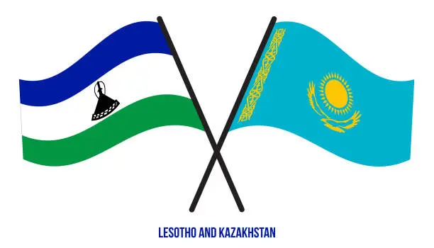 Vector illustration of Lesotho and Kazakhstan Flags Crossed And Waving Flat Style. Official Proportion. Correct Colors.