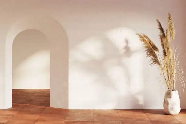 Photo of Modern interior with a sunbeam on the blank white wall, arched doorway, large ears of corn in clay vase, terracotta ceramic tile floor. Front view.