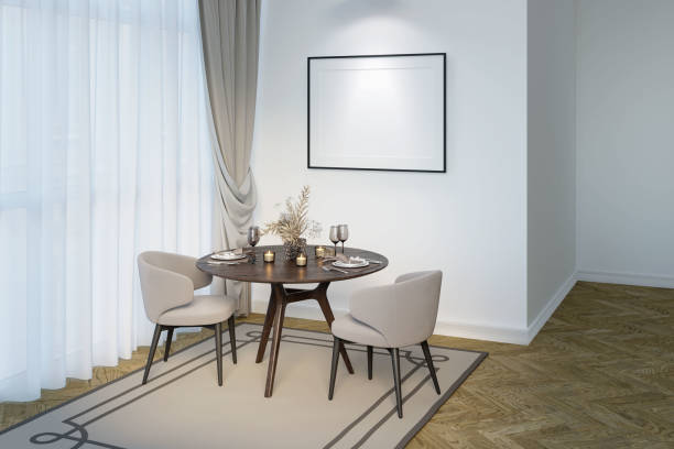 istock Bright dining room with the illuminated blank horizontal poster on a white wall, beige chairs near served round wooden table, large window with classic curtains, carpet on the parquet floor. 1454102812