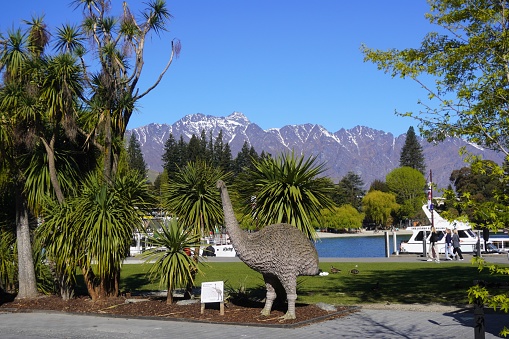 Queenstown, South Island, New Zealand, October 25, 2022.\nThe statue is an iconic Queenstown landmark of the extinct flightless bird and a drawcard for visitors.