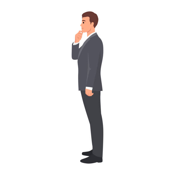 自分のビジネスについて考えながら、あごに手を添えて横に立つ若い男性。白い背景に平らなベクターイラスト - hand on chin illustrations点のイラスト素材／クリップアート�素材／マンガ素材／アイコン素材
