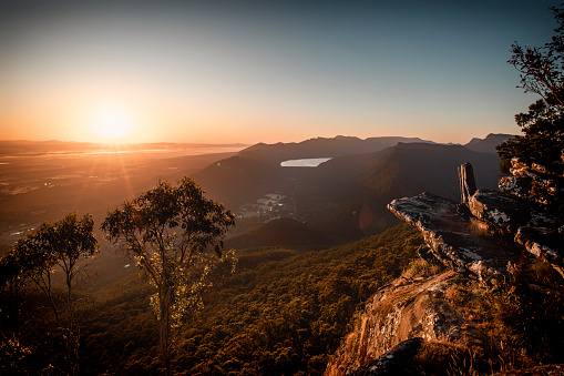 Scene of the Boroka Lookout in the Grampians National Park in the sunrise