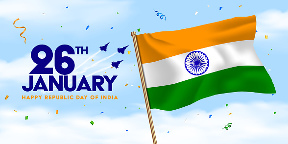 26th January Indian republic day banner. 
flag flying in the sky with confetti around
