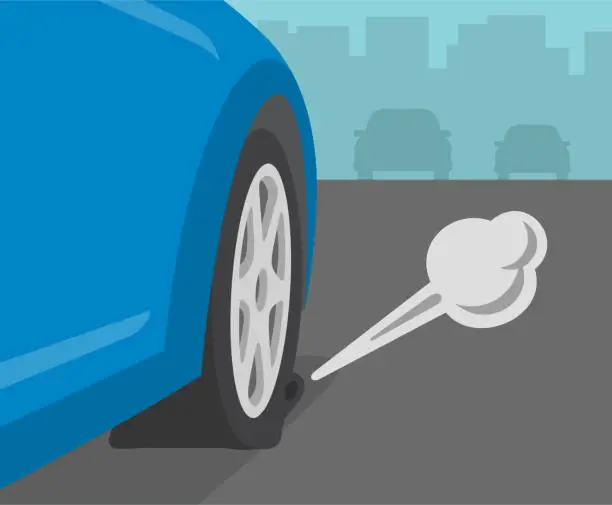 Vector illustration of Close-up perspective view of  punctured tire. Blue sedan car on the city road.