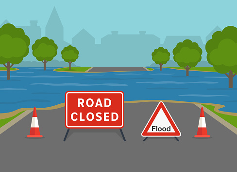 Flooded city road with warning sign and cones. British closed road sign. Flat vector illustration template.