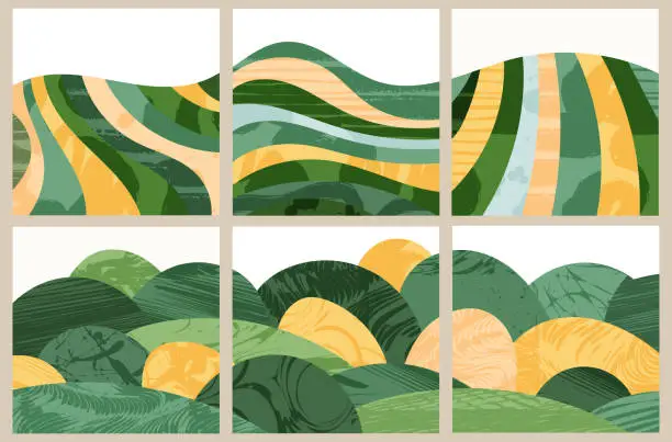 Vector illustration of Green abstract agriculture field vector social media square post. Agro card template, farm presentation. Set of  layout with nature theme. Minimalist shape, agri design. Field view, texture background