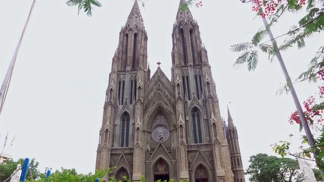 Aerial cinematic view of the saint Philomena's church in Mysore