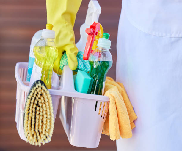 istock Cleaning, tools and cleaner carrying basket with liquid soap, brush and detergent spray bottle. Closeup of products for washing, hygiene and clean supplies for housekeeper, maid or domestic worker 1454109926