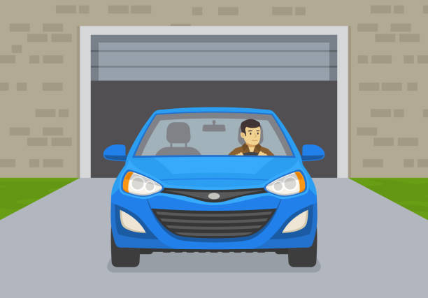 prowadzenie samochodu. widok z przodu samochodu wyjeżdżającego z garażu. młody człowiek prowadzący niebieski mini samochód. - car driving front view cartoon stock illustrations