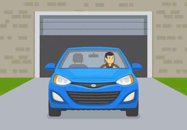 Vector illustration of Driving a car. Front view of a car leaving the garage. Young man driving a blue mini car.