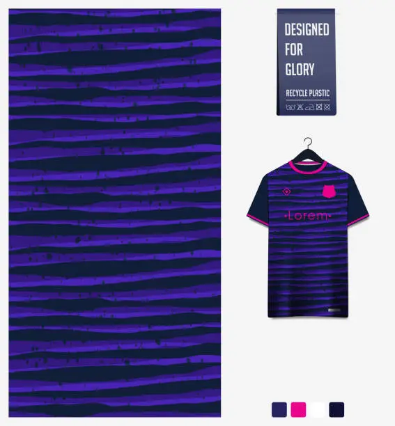 Vector illustration of Soccer jersey pattern design. horizontal stripe pattern on violet background for soccer kit, football kit, sports uniform. T shirt mockup template. Fabric pattern. Abstract background.