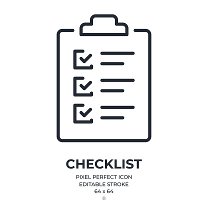 Checklist and survey concept editable stroke outline icon isolated on white background flat vector illustration. Pixel perfect. 64 x 64.
