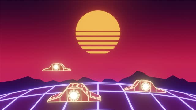Looping Retro Synthwave Computer Graphic Style Spacecraft Formation Flying above Grid Landscape with Stylized Sunset Background