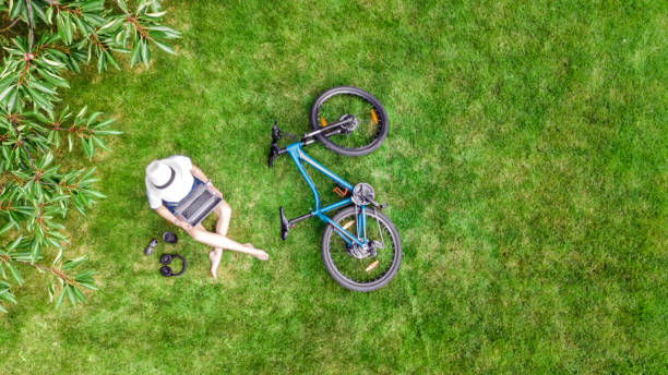 istock Young woman using laptop computer in park, student girl freelancer working and studying online outdoors sitting on grass with bicycle and laptop, aerial drone view from above 1454116526