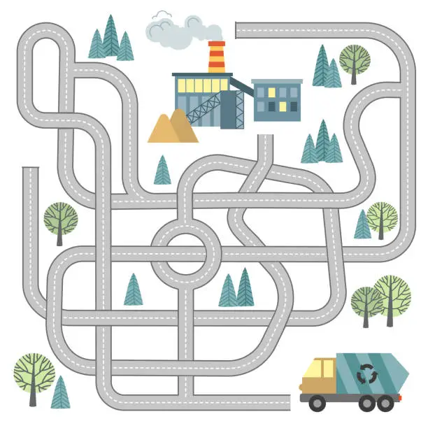 Vector illustration of Vector maze game for kids with vehicles and tangled road. Labyrinth help the garbage truck to reach recycle plant