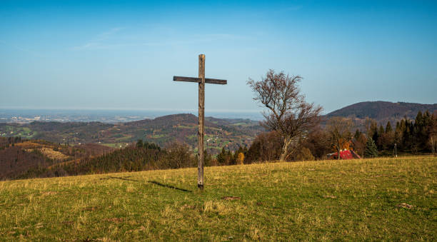 Loucka hill in autumn Slezske Beskydy mountains in Czech republic stock photo