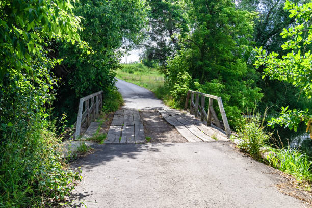istock Beautifully standing old wooden bridge over river in colored background close up 1454119331