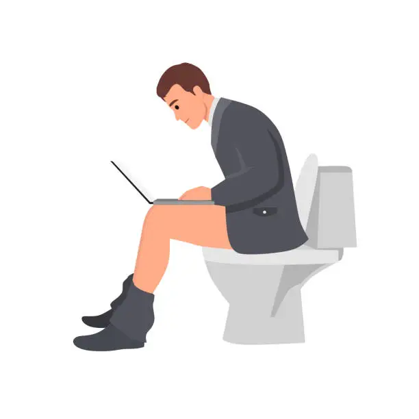 Vector illustration of Young man sitting on toilet Using Laptop. Flat vector illustration isolated on white background