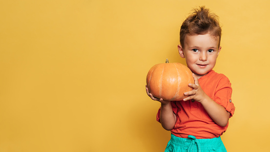 Caucasian little happy boy holds a fresh pumpkin on a yellow background. Space for text. Healthy lifestyle, diet concept, vegetarianism, raw food
