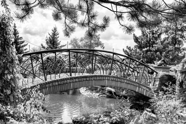 istock Beautifully standing old wooden bridge over river in light background 1454119639