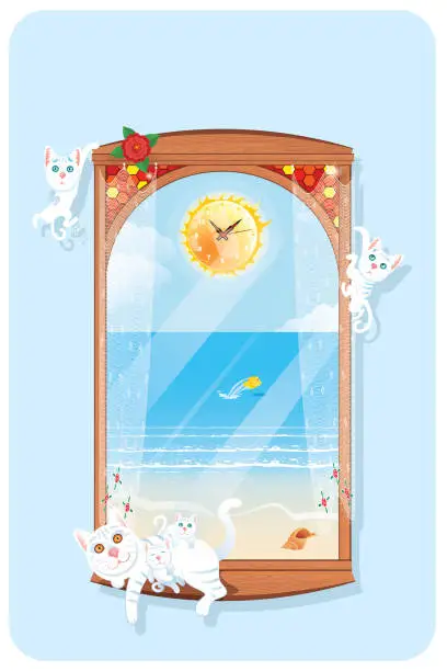 Vector illustration of Window on the beach and cute cats