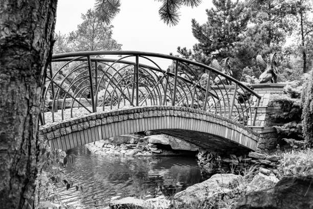 istock Beautifully standing old wooden bridge over river in light background 1454119706
