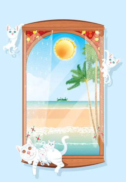 Vector illustration of Window on the beach and cute cats