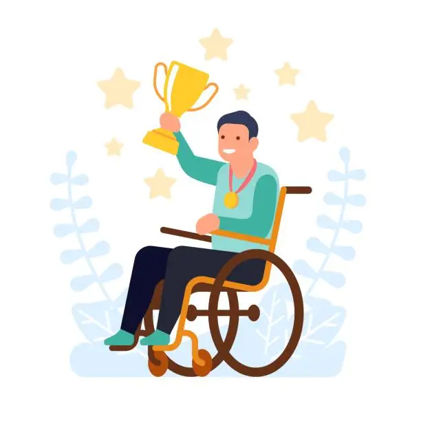 Vector illustration of Disabled guy in wheelchair holds winners cup. Paralyzed person with reward. Handicapped man winning competition. Award ceremony. Paralympics champion. Equal accessibility. Vector concept