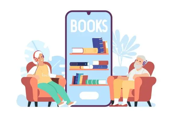 Vector illustration of Elderly man and woman listen to music an audiobook through headphones. Book reading smartphone application. Grandparents leisure. Senior people enjoying of literature. Vector concept
