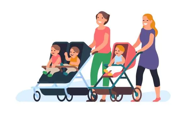 Vector illustration of Group of moms with babies in strollers. Happy people walking outdoor with little children. Women pushing prams. Toddlers in buggies. Friends meeting in park. Vector motherhood concept