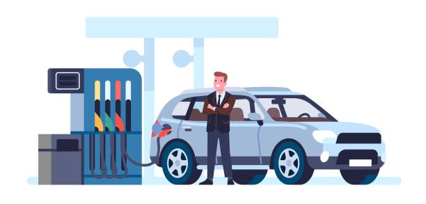 illustrations, cliparts, dessins animés et icônes de homme à la station-service. personne faisant le plein de voiture. recharge automobile. combustibles fossiles automobiles. remplissage de pétrole. pompe diesel avec buse. plongeur en attente d’une recharge d’essence automatique. concept vectoriel - fossil fuel fuel and power generation fuel pump gasoline