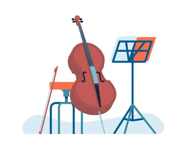 Vector illustration of Musical acoustic instrument. Learning to play cello. Music stand and chair. Orchestra performance. Jazz band. Musician concert. Violoncello and bow. Cellist education. Vector concept